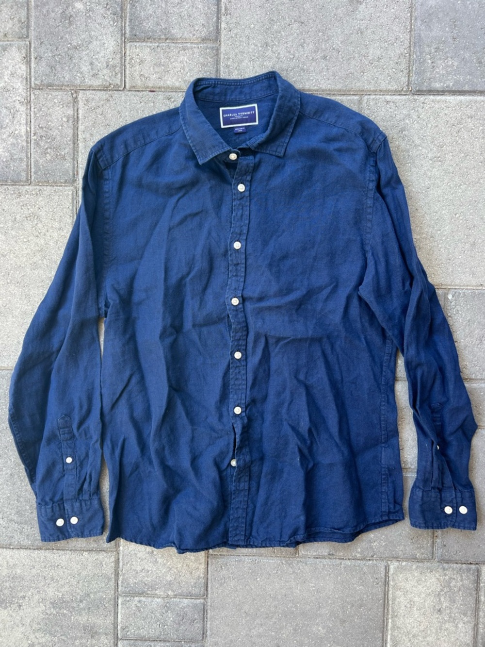 Charles Tyrwhitt Button Up Shirt Mens Large Navy Blue 100% Linen